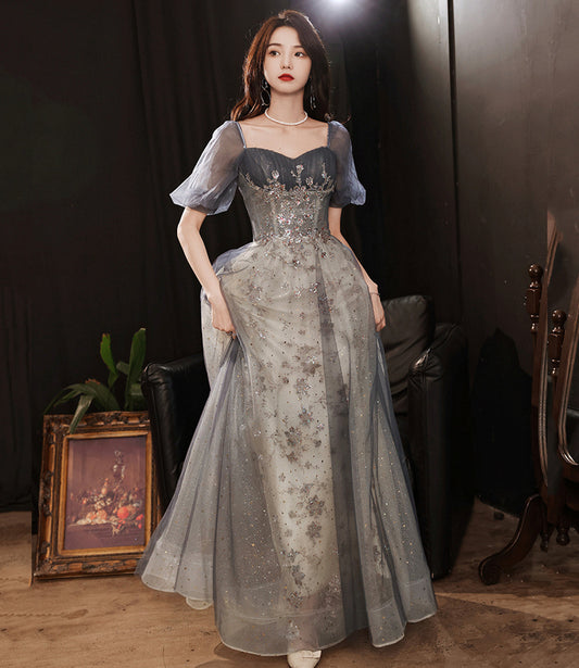 Gray tulle sequins long prom dress gray evening dress  10252