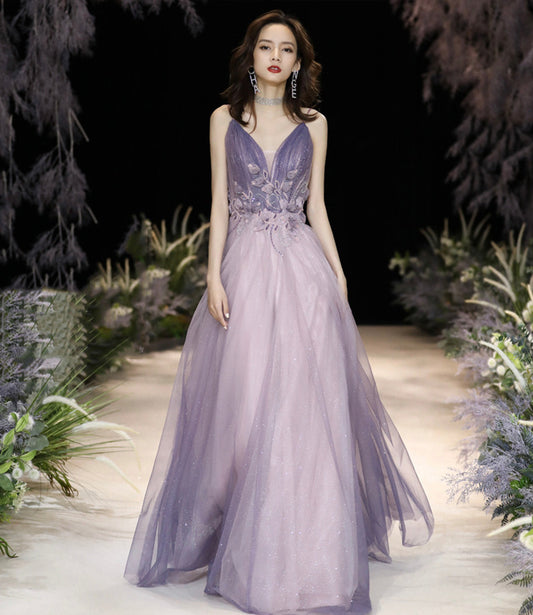 Purple tulle long A line prom dress purple evening dress  8926