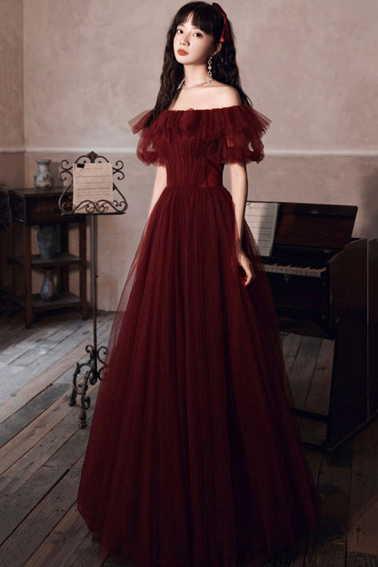 Burgundy tulle long A line prom dress evening dress  8572