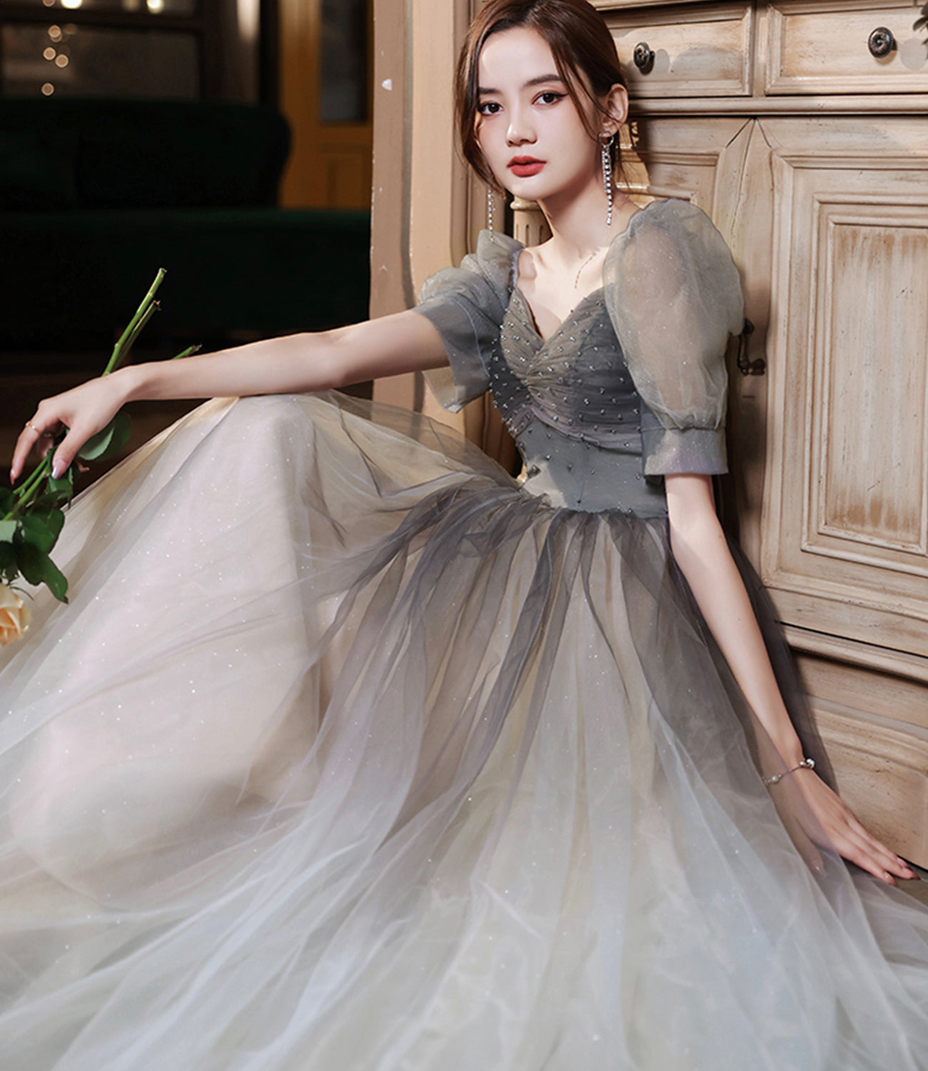 Cute tulle beads long A line prom dress evening gown  10060