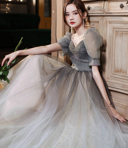 Cute tulle beads long A line prom dress evening gown  10060