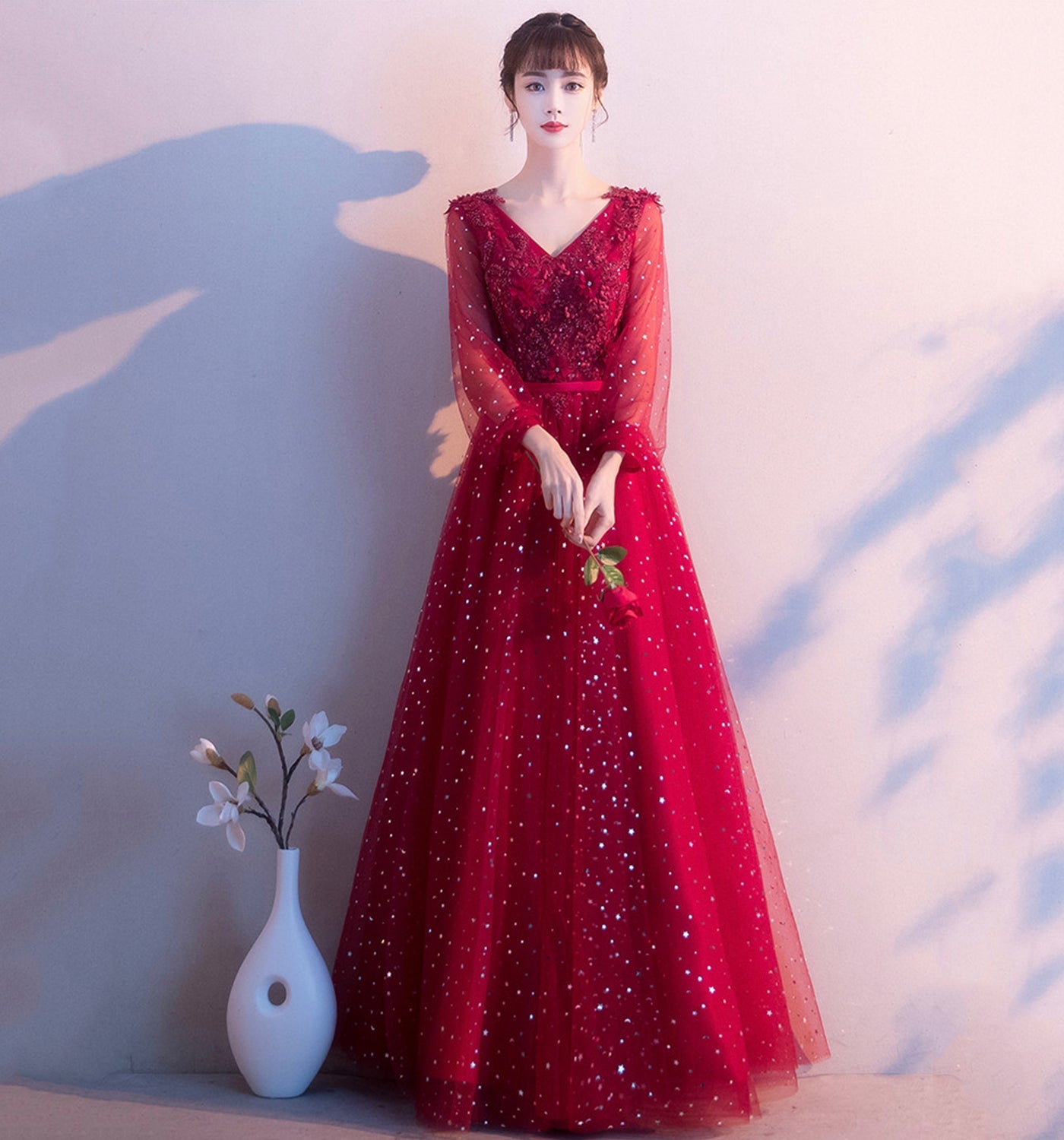 Cute tulle lace long prom dress A line evening gown  10014