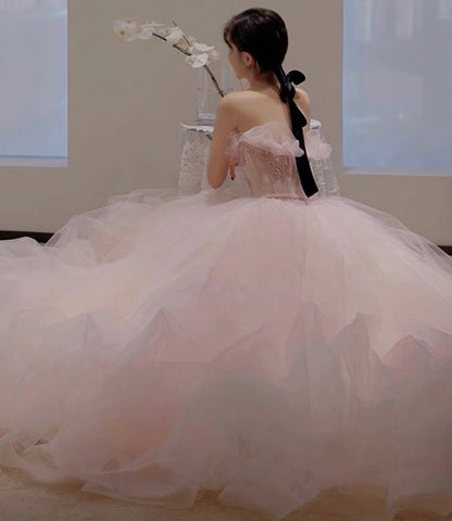 Pink tulle sequins long prom gown A line evening gown  10302