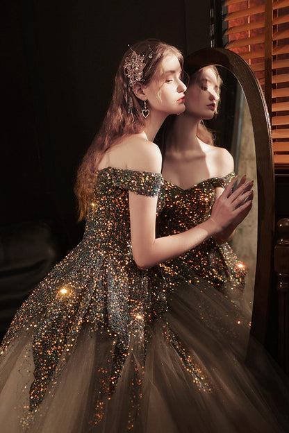 Shiny sequins long prom dress A line evening dress  8577