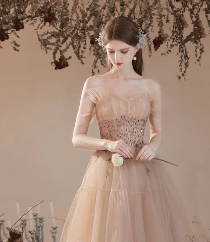Cute tulle beads long prom dress A line evening dress  10396