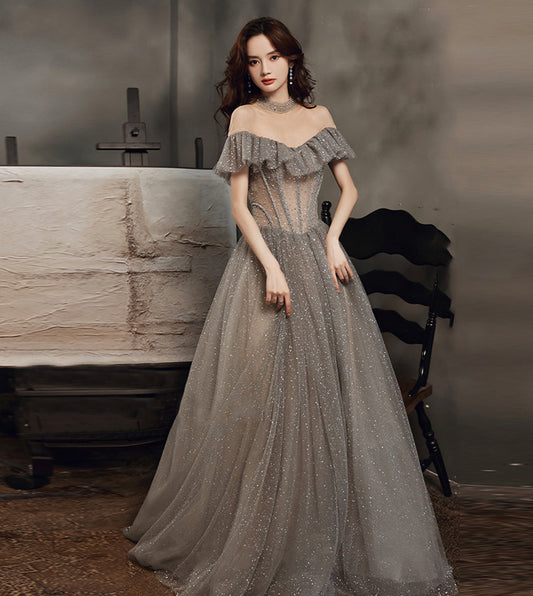 Gray tulle sequins long ball gown dress formal dress  8558