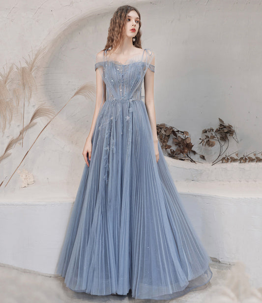Blue tulle sequins long prom dress blue evening dress  10478