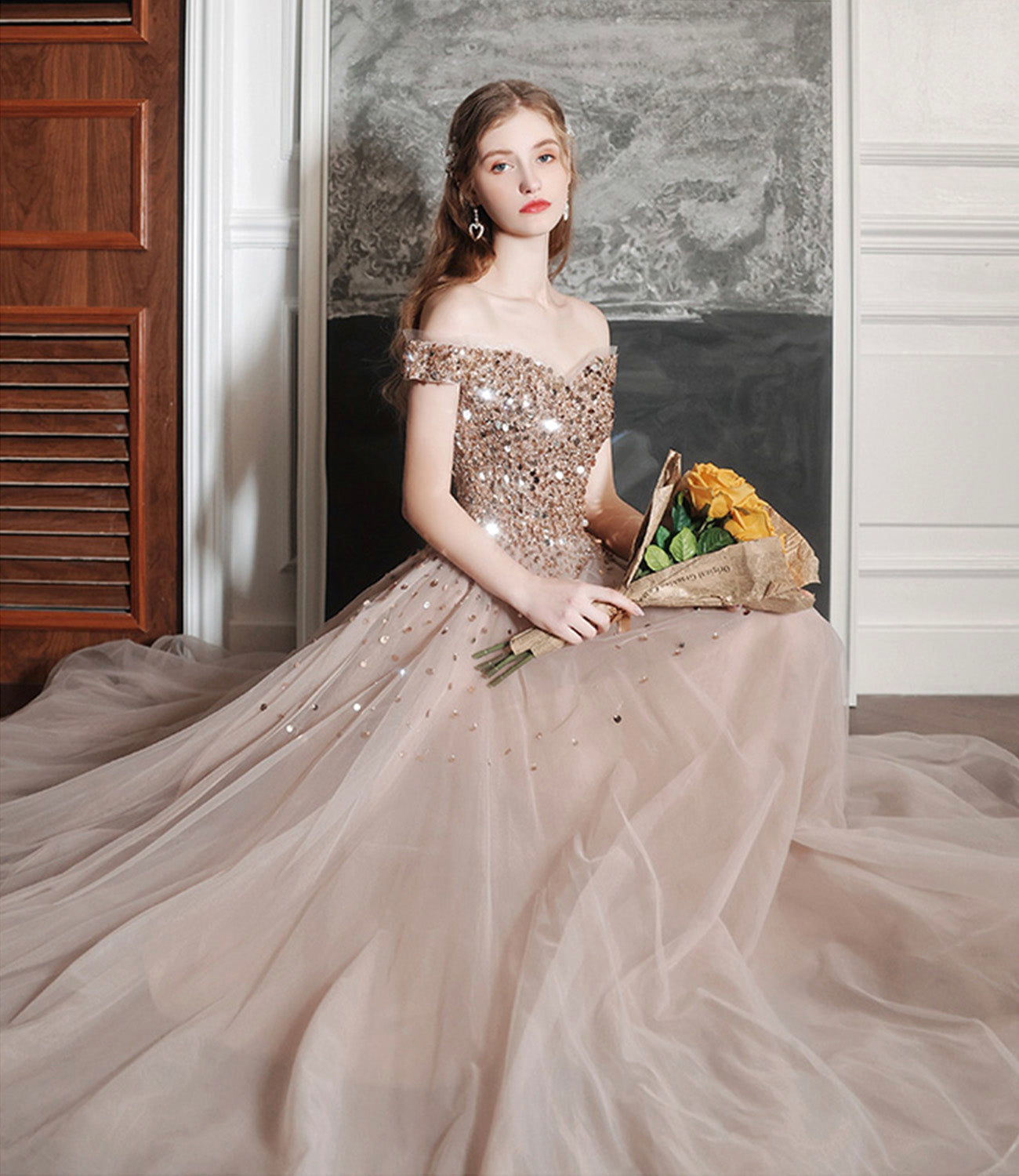 Shiny tulle sequins long prom dress A line evening dress  10576