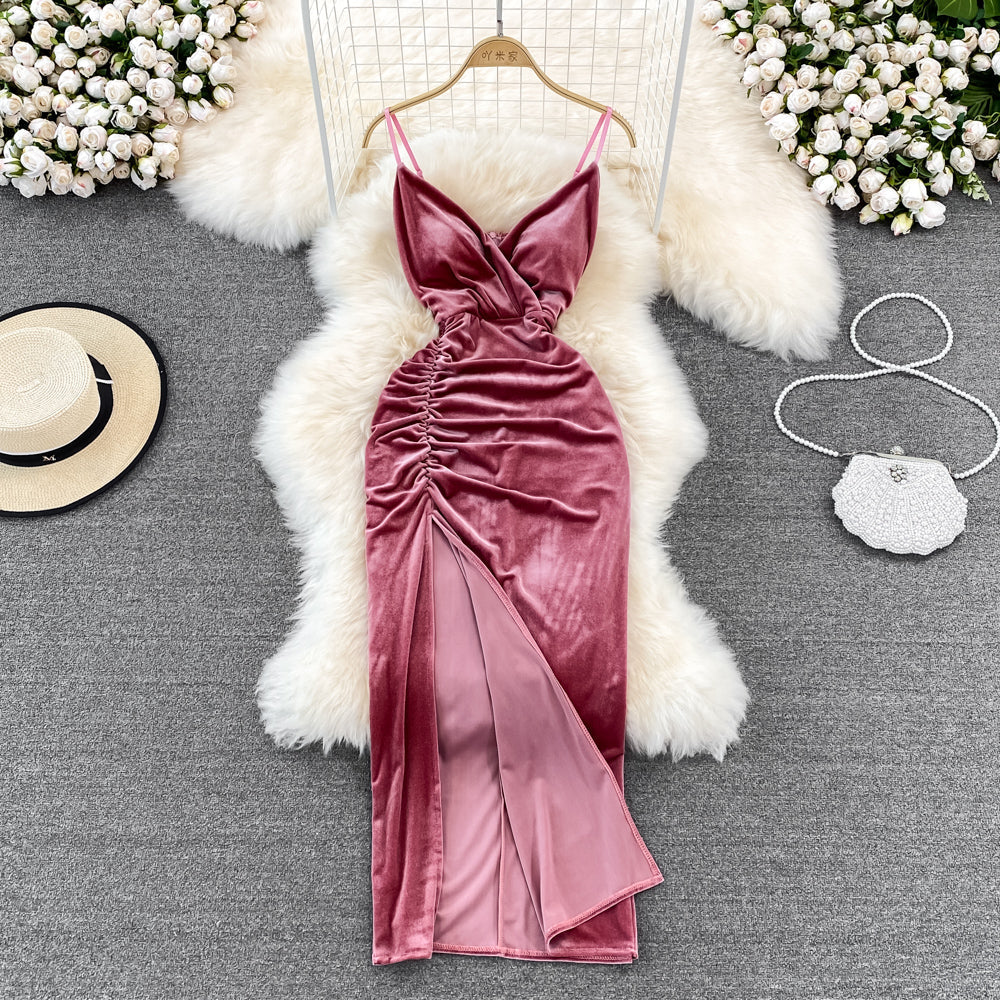 Slim open back split gold velvet dress suspender dress  11055