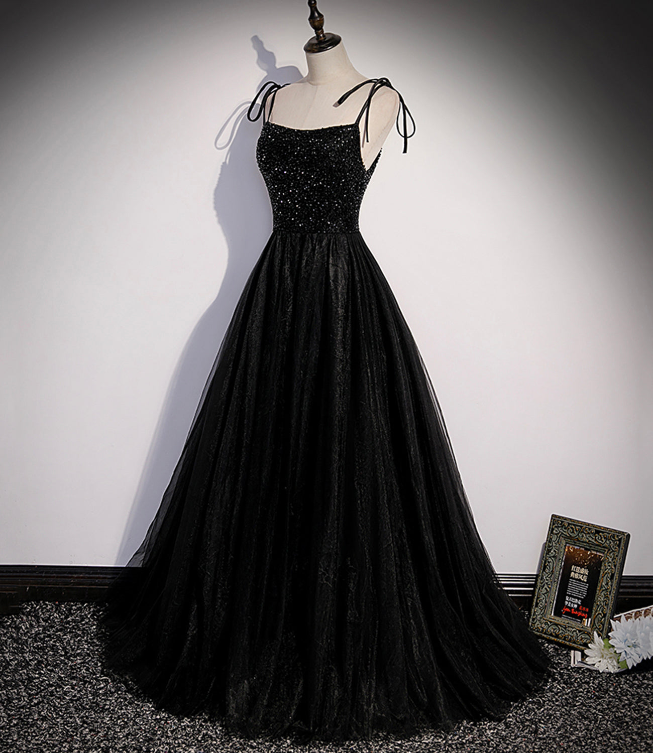 Black tulle beads long prom dress A line evening dress  10500