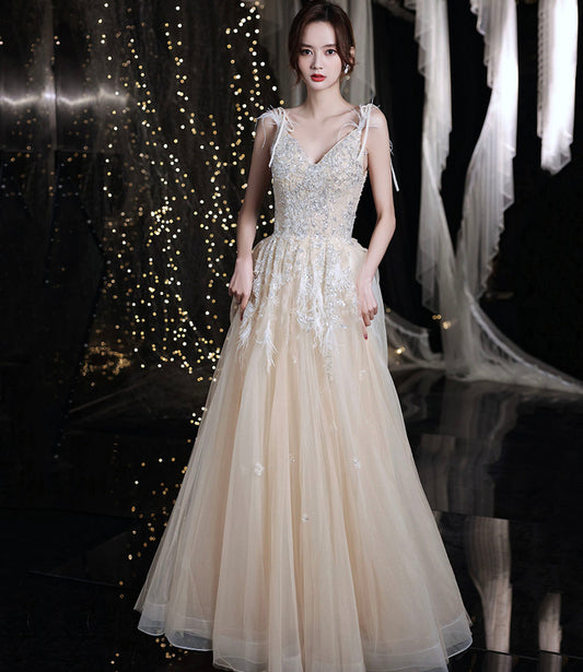 Champagne tulle sequins long prom dress evening gown  10281