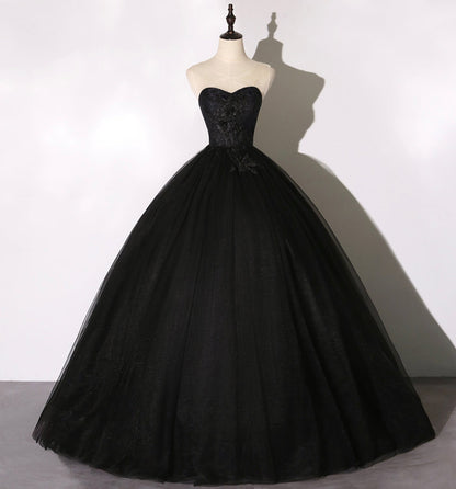 Black Delicate Lace Floral A-Line Long Tulle Ball Gown Evening Dress 8641