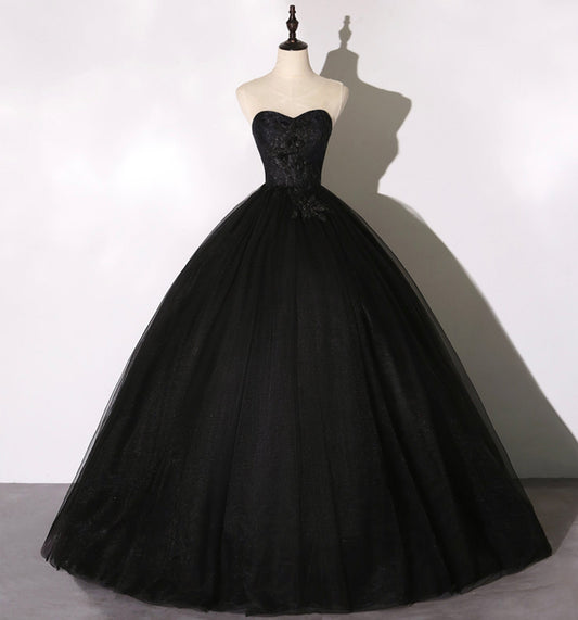 Black Delicate Lace Floral A-Line Long Tulle Ball Gown Evening Dress 8641