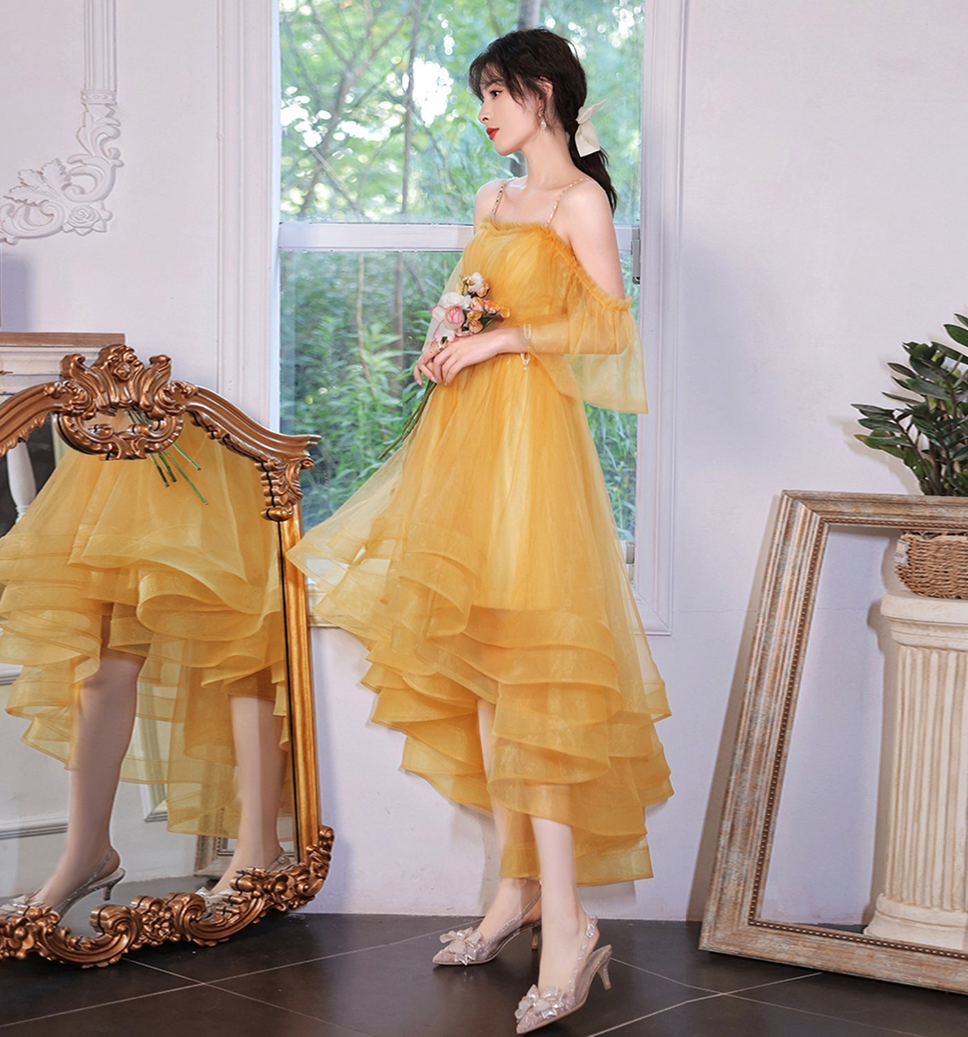 Yellow tulle short prom dress cockatil dress  8961