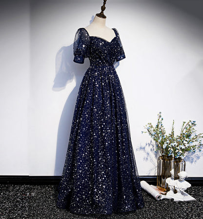 Blue tulle long prom dress blue evening dress  8425