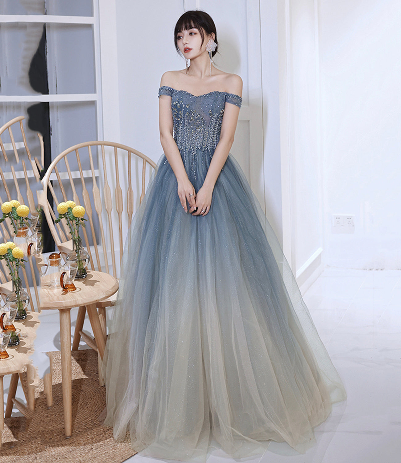Gray tulle beads long prom dress evening dress  8991