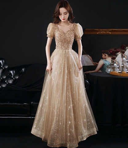 Gold tulle beads long A line prom dress evening dress  8860