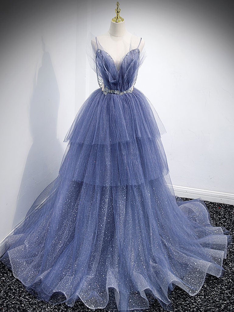 Vestido de fiesta largo de tul con lentejuelas y escote en V azul, vestido de noche azul
