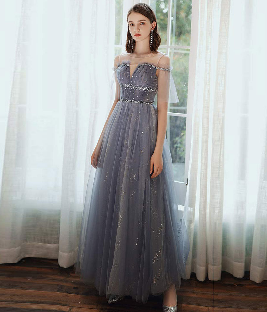 A line tulle sequins long prom dress  8341