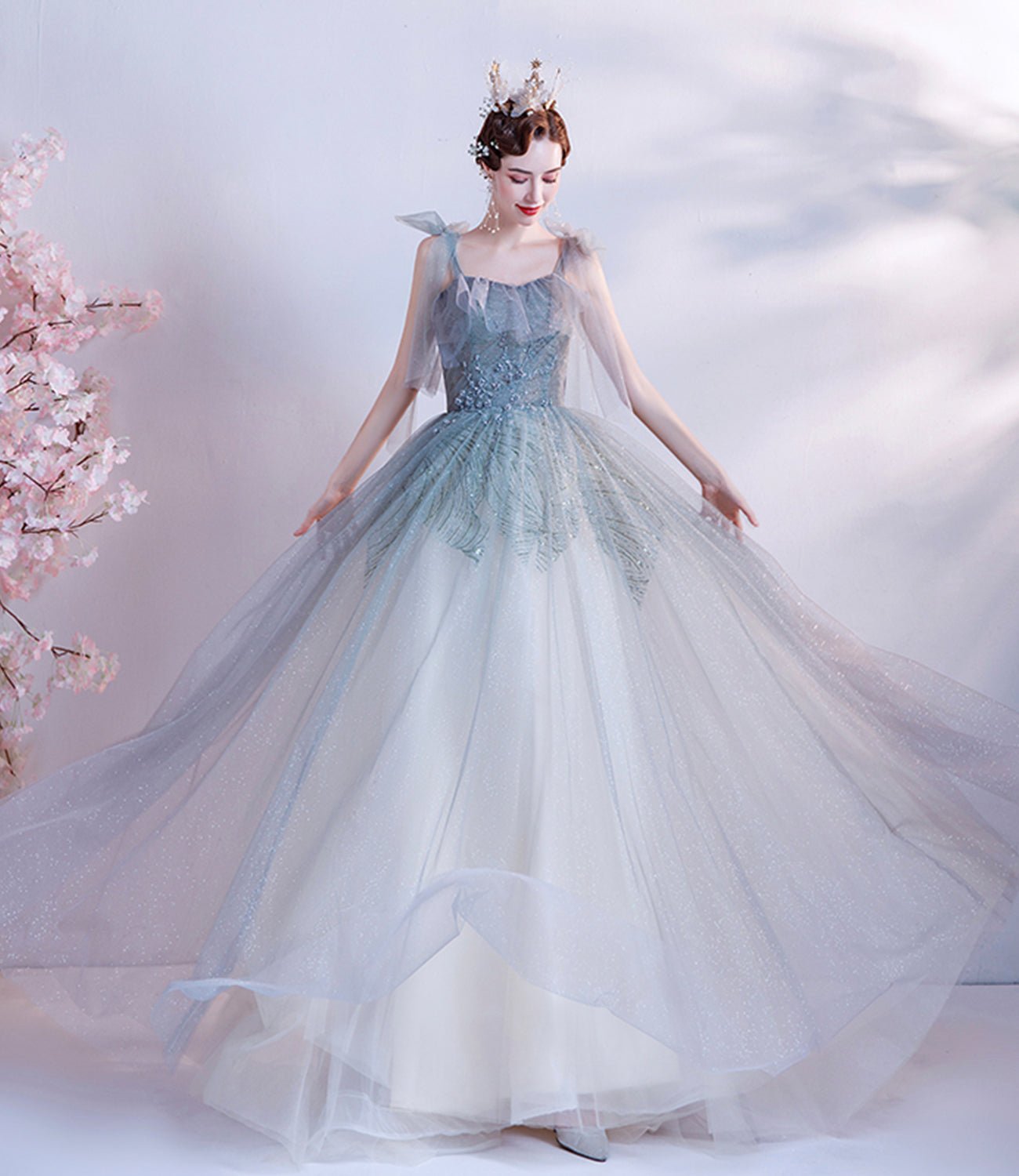Cute tulle sequins long prom dress A line evening gown  10227