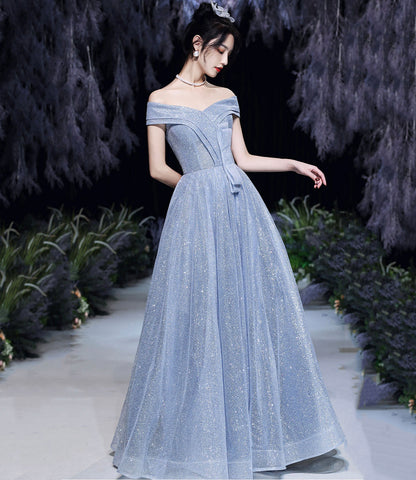 Blue tulle sequins long prom dress blue evening dress  10465
