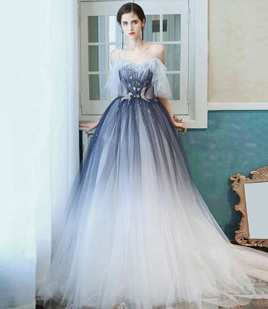 Blue tulle sequins long prom dress A line evening dress  10401