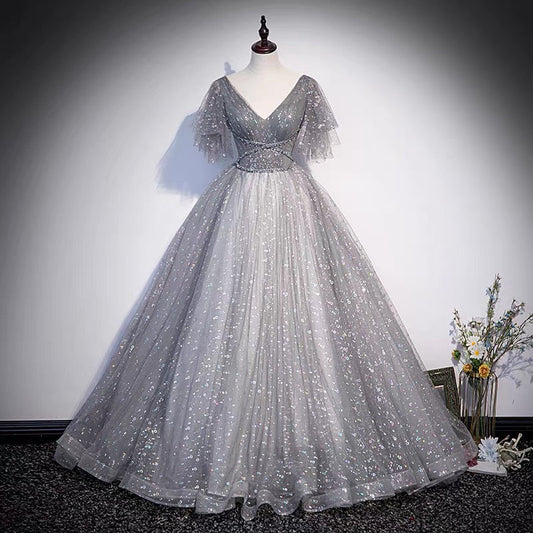 Gray tulle sequins long prom dress A line evening gown  10103