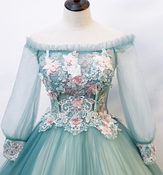 Green tulle lace long ball gown dress formal dress  8617