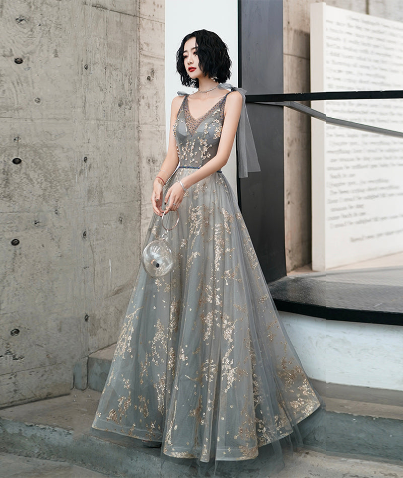Gray Fashion Elegant V-neck Sequined Long Tulle Ball Gown Evening Dress Ball Gown 8490
