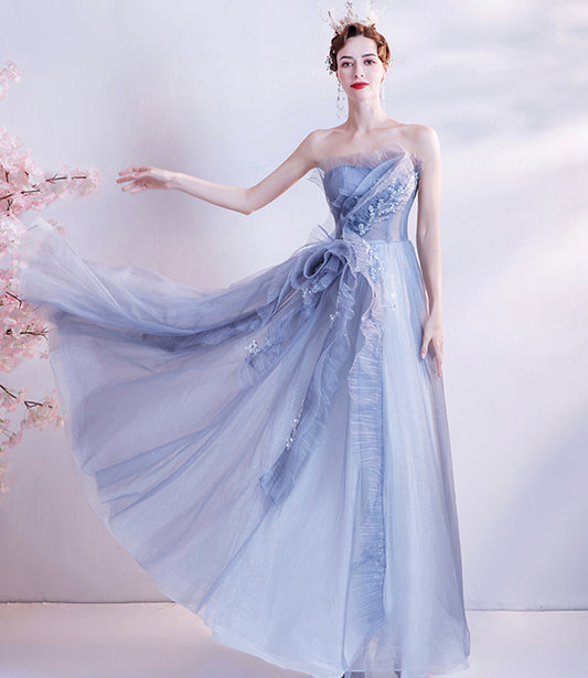 Cute tulle beads long prom dress A line evening dress  10511