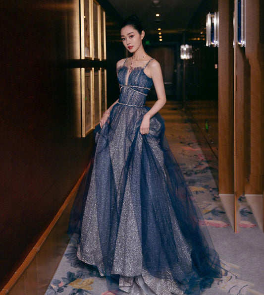 Blue tulle long prom dress shiny evening dress  8582