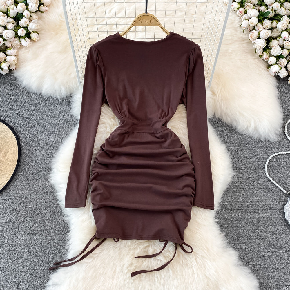 V-neck drawcord pleated sexy slim short Hip Wrap Dress  11118