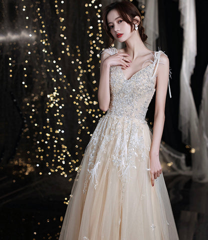 Champagne tulle sequins long prom dress evening gown  10281