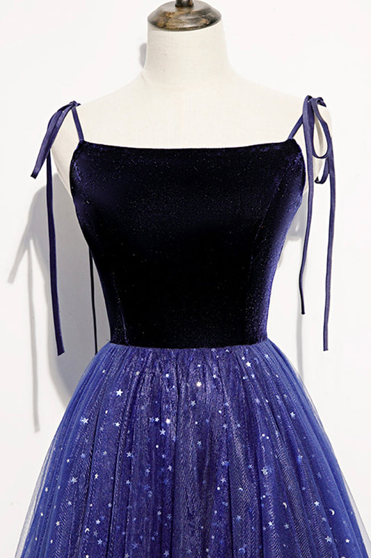 Blue velvet tulle long prom dress A line evening dress  8634