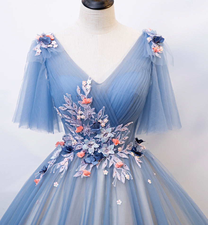 Blue v neck tulle long prom gown formal dress  8478