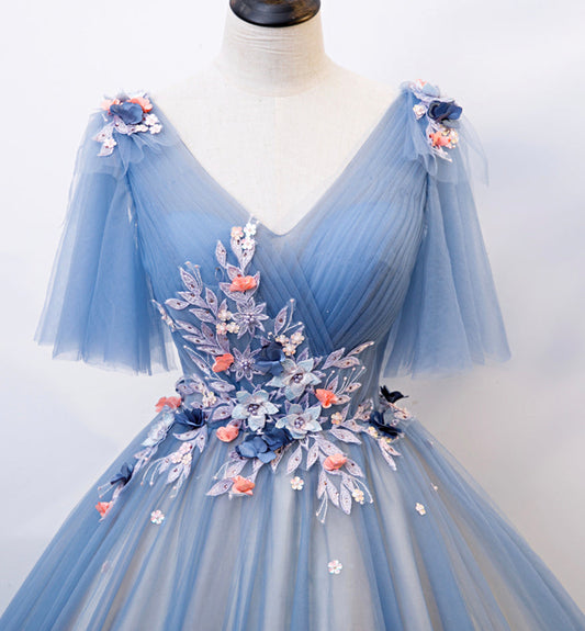 Blue v neck tulle long prom gown formal dress  8478
