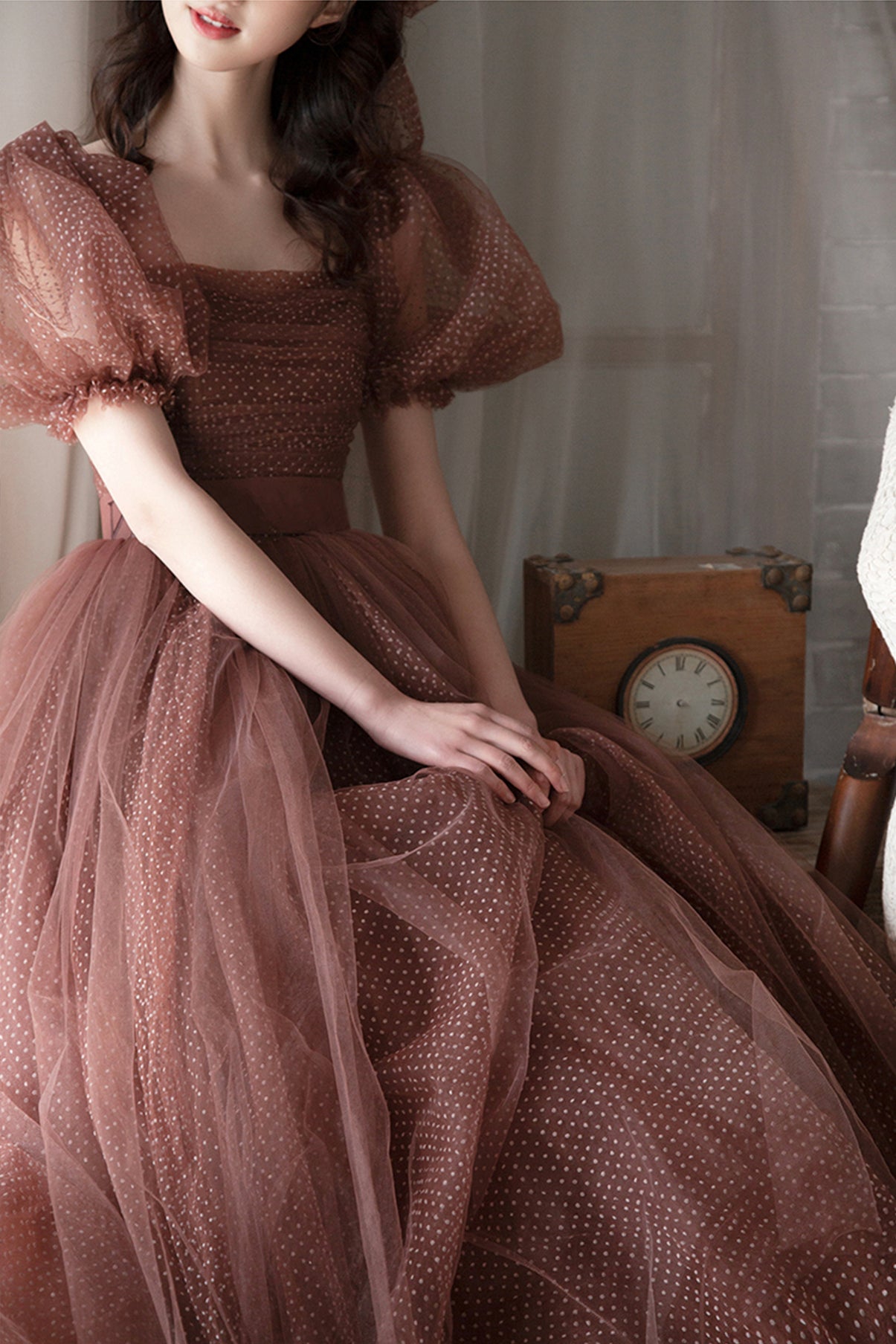 Cute tulle A line prom dress cute evening dress  8638