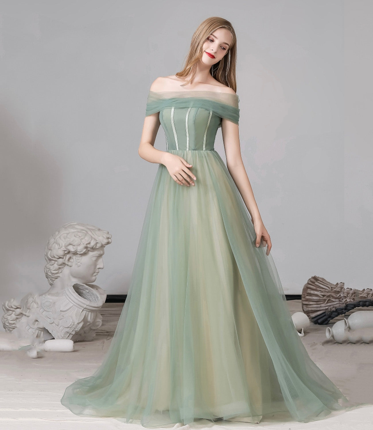Cute tulle long A line prom dress evening dress  8791