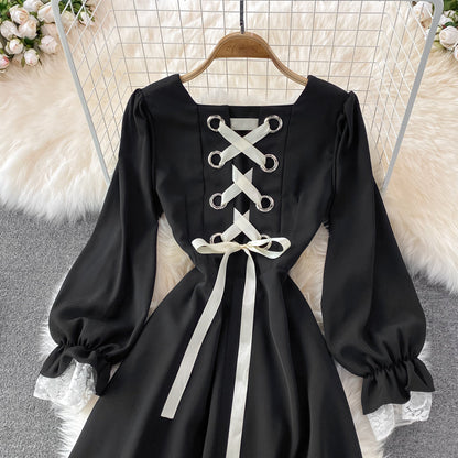 Black A Line Lace Short Dress Lace-Up Fashion Dress  10863