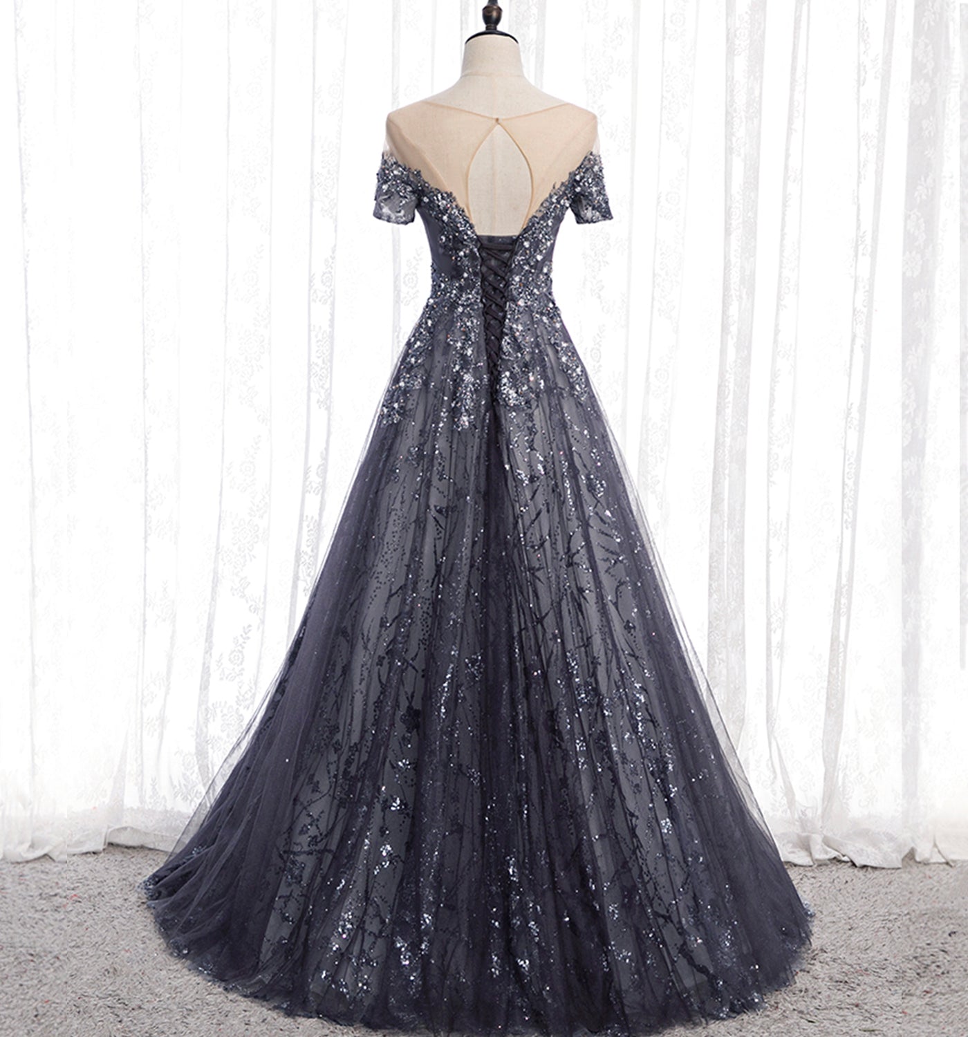 Gray tulle sequins long prom dress A line evening gown  10002