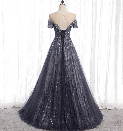 Gray tulle sequins long prom dress A line evening gown  10002