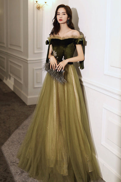 Green tulle long A line prom dress evening dress  8786