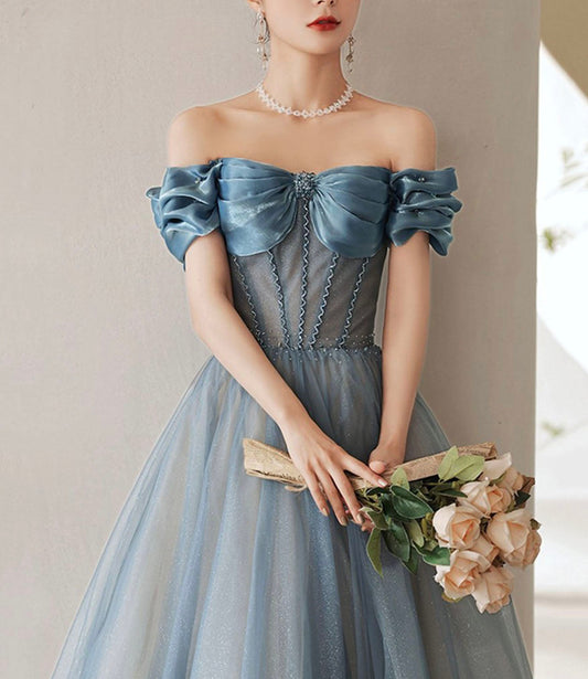 Blue tulle long A line ball gown dress evening gown  10287