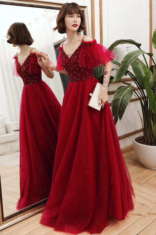 Burgundy tulle beads long A line prom dress evening dress  8767