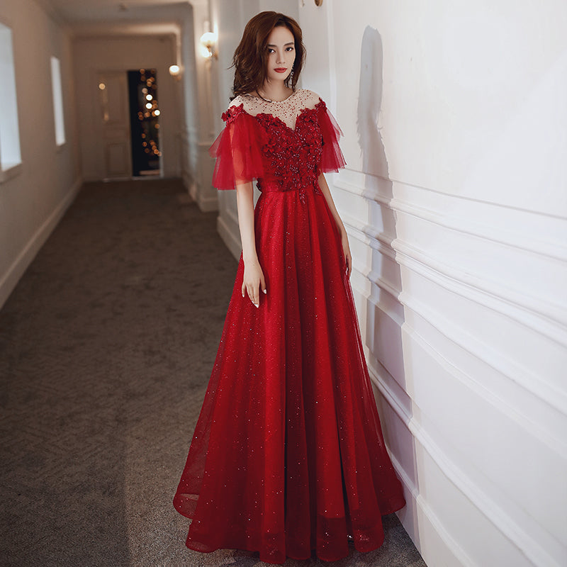Red tulle lace long prom dress red evening dress  8231