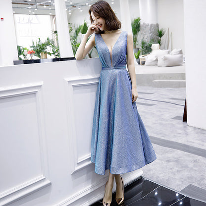 Shiny v neck short prom dress blue evening dress  8361