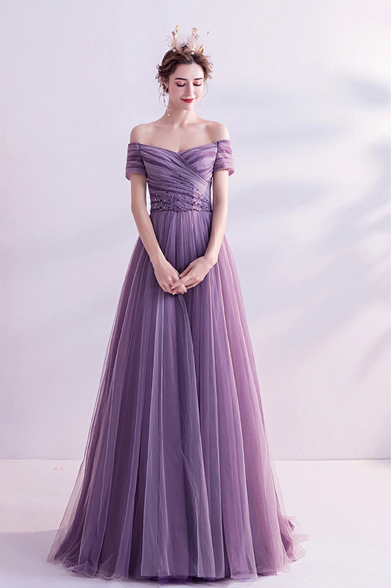 Purple tulle long prom dress A line evening dress  8562