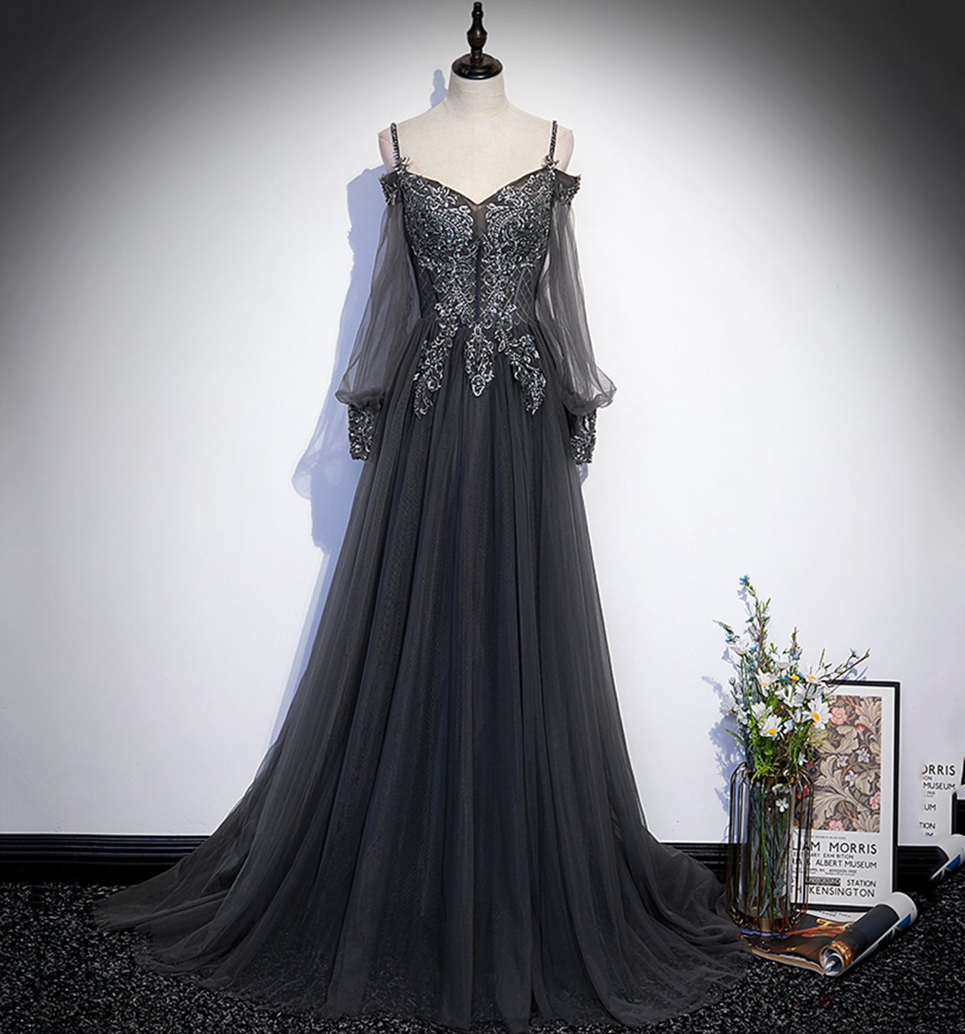 Gray tulle lace long prom dress A line evening dress  10109