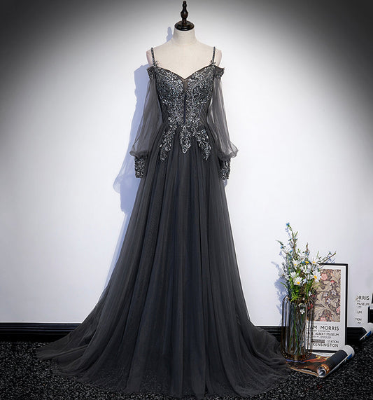 Gray tulle lace long prom dress A line evening dress  10109