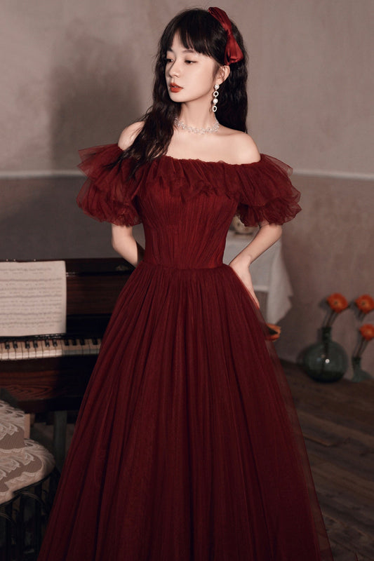 Burgundy tulle long A line prom dress evening dress  8572
